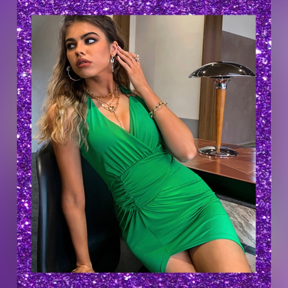 Glamaker green halter hi-low dress